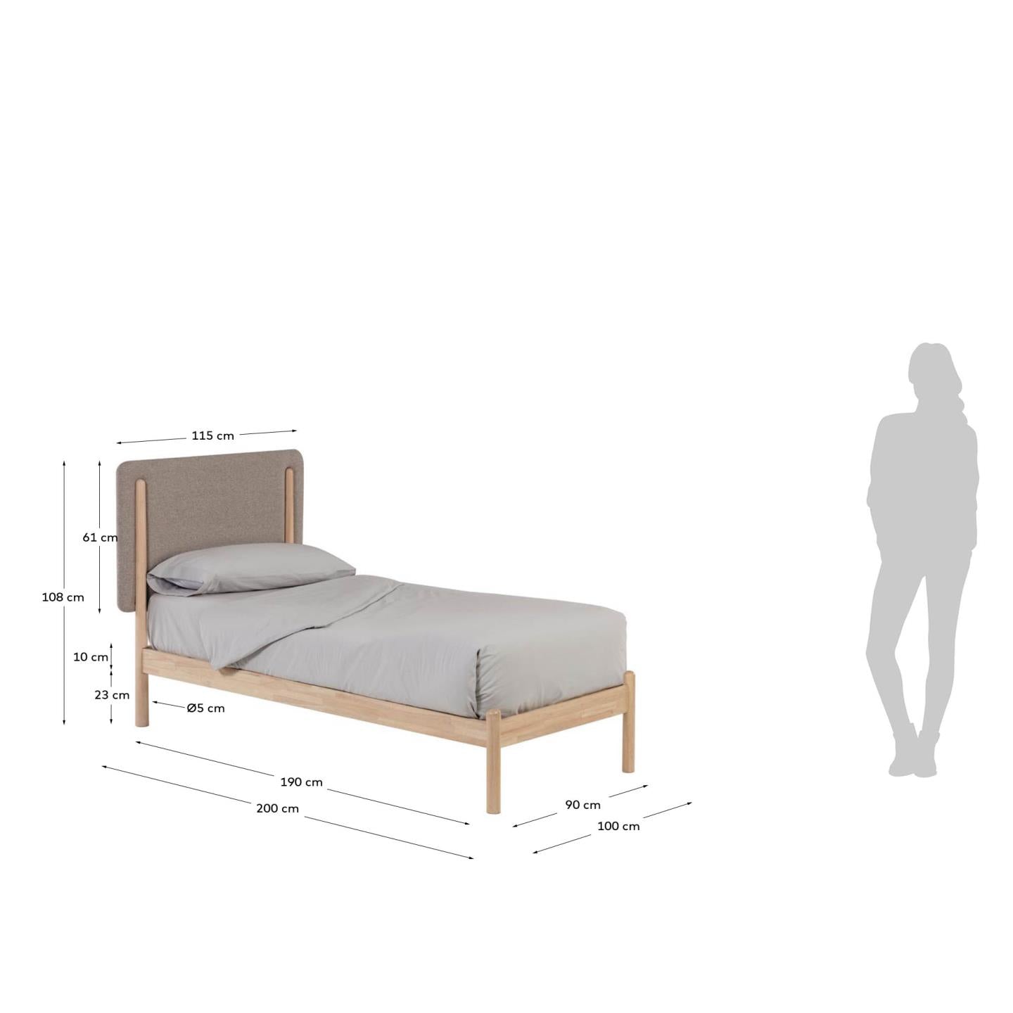 Elegantes Einzelbett aus massivem Kautschukholz mit beigem Kopfteil, ideal für kleine Räume. Stabil, langlebig und stilvoll.