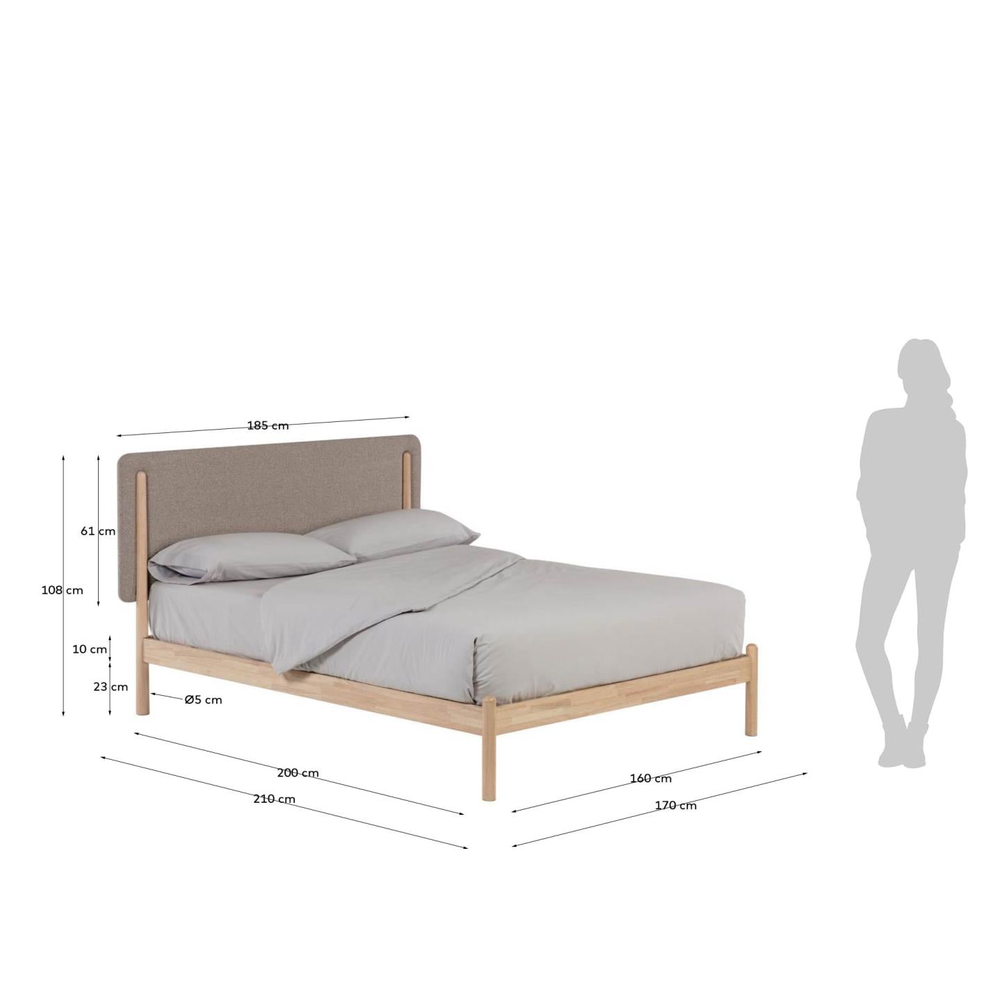 Elegantes Shayndel Bett aus Kautschukholz, 160x200 cm, mit beigem Kopfteil für stilvolle Entspannung und langlebigen Komfort.