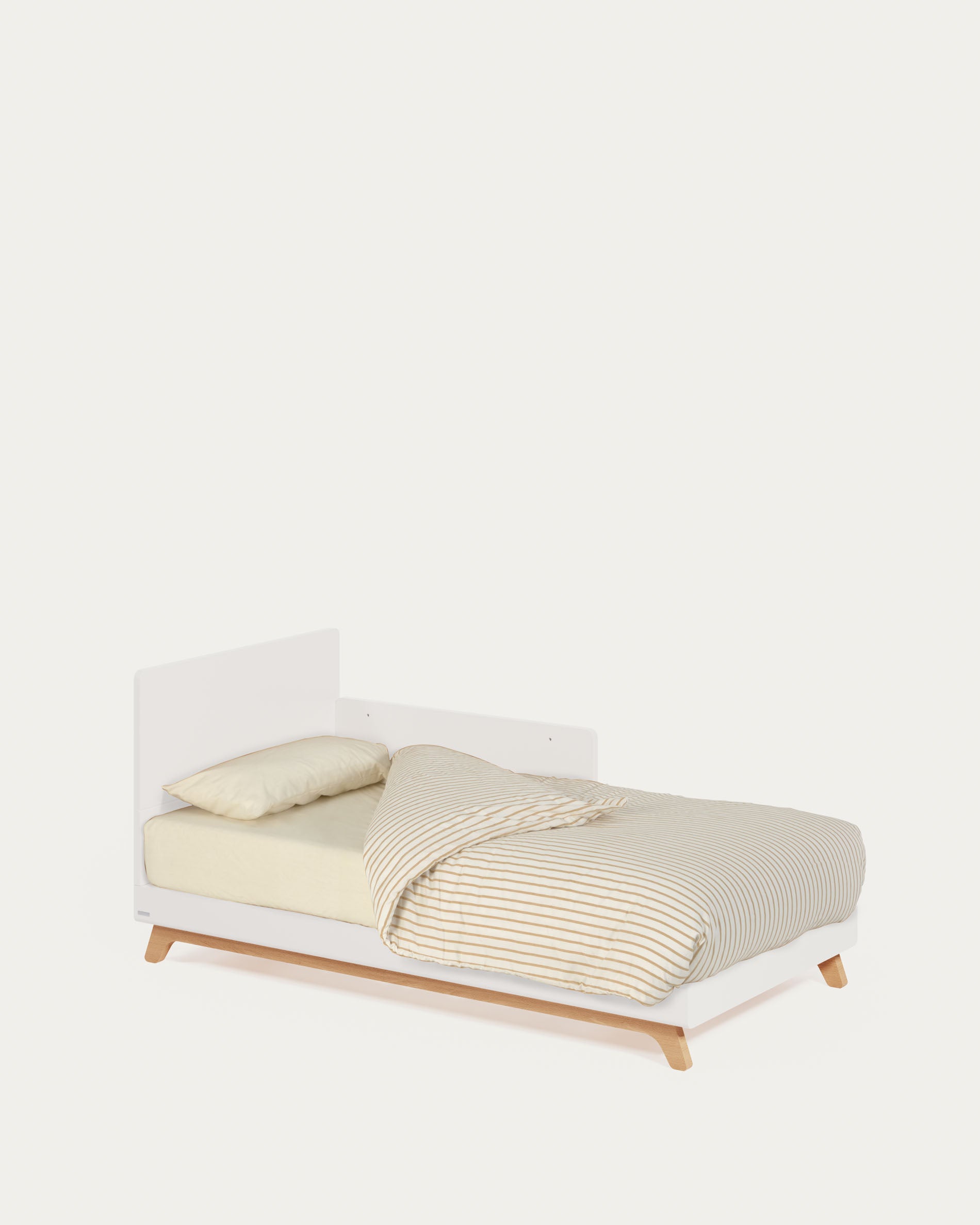 Elegantes, mitwachsendes Kinderbett aus massiver Buche, 70x140 cm, mit weißem Finish, anpassbar von Baby- zu Juniorbett.