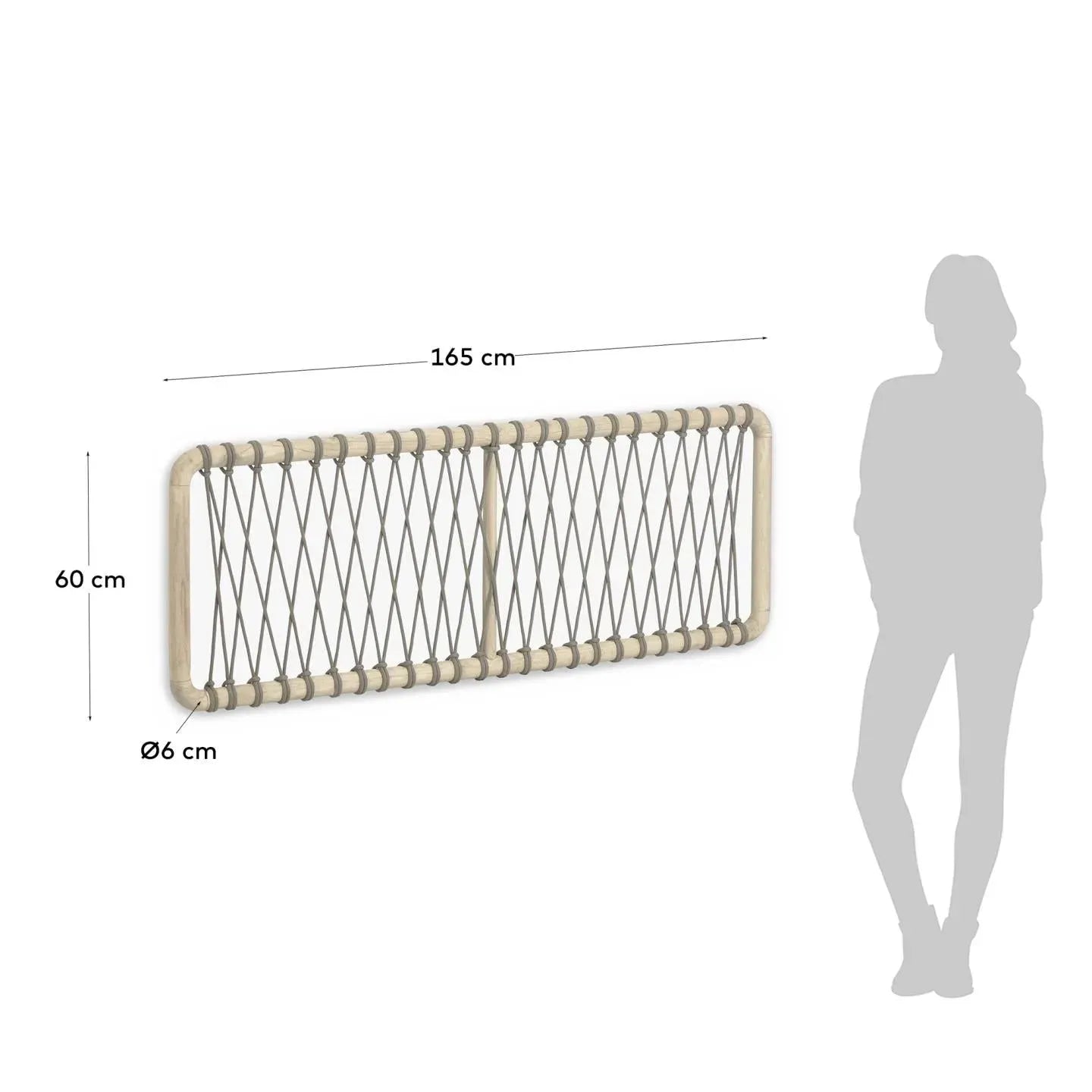 Elegantes Aberash Kopfteil aus Mindiholz und grauem Seil, passend für 160 cm Betten, von Kave Home. Natürlich und stilvoll.