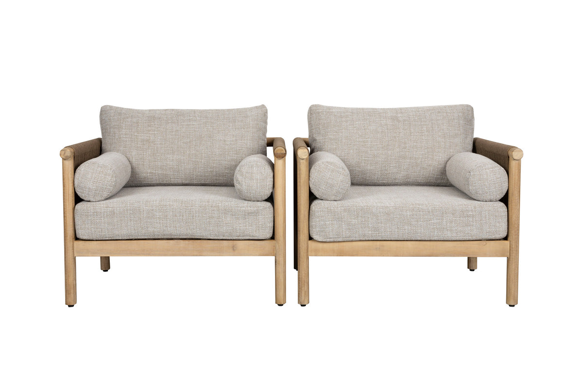 Beiger Outdoor-Sessel Oasis mit Armlehnen, Akazienholzrahmen, Kissen und gespanntem Seil
