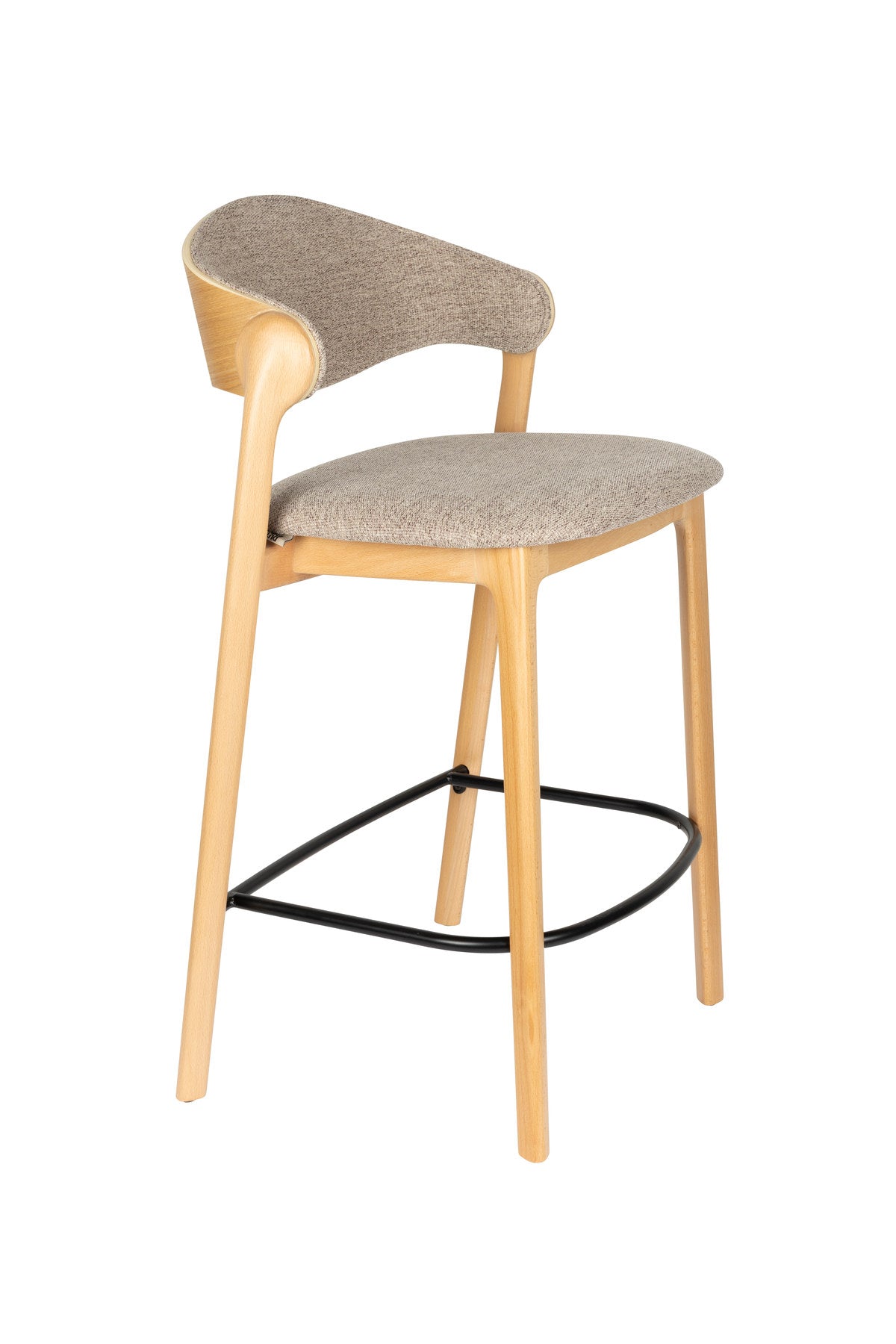 Barhocker Babington mit Holzgestell, gepolstertem Sitz und Rückenlehne aus hellem Stoff