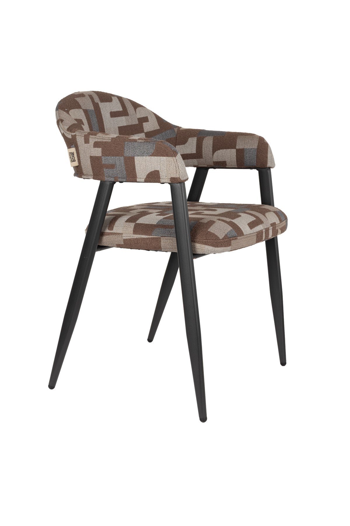 Esszimmerstuhl Chair Miyo Light Brown von Dutchbone mit hellbraunem gewebtem Bezug, grafischem Muster und schwarzem Metallgestell auf hellem Hintergrund