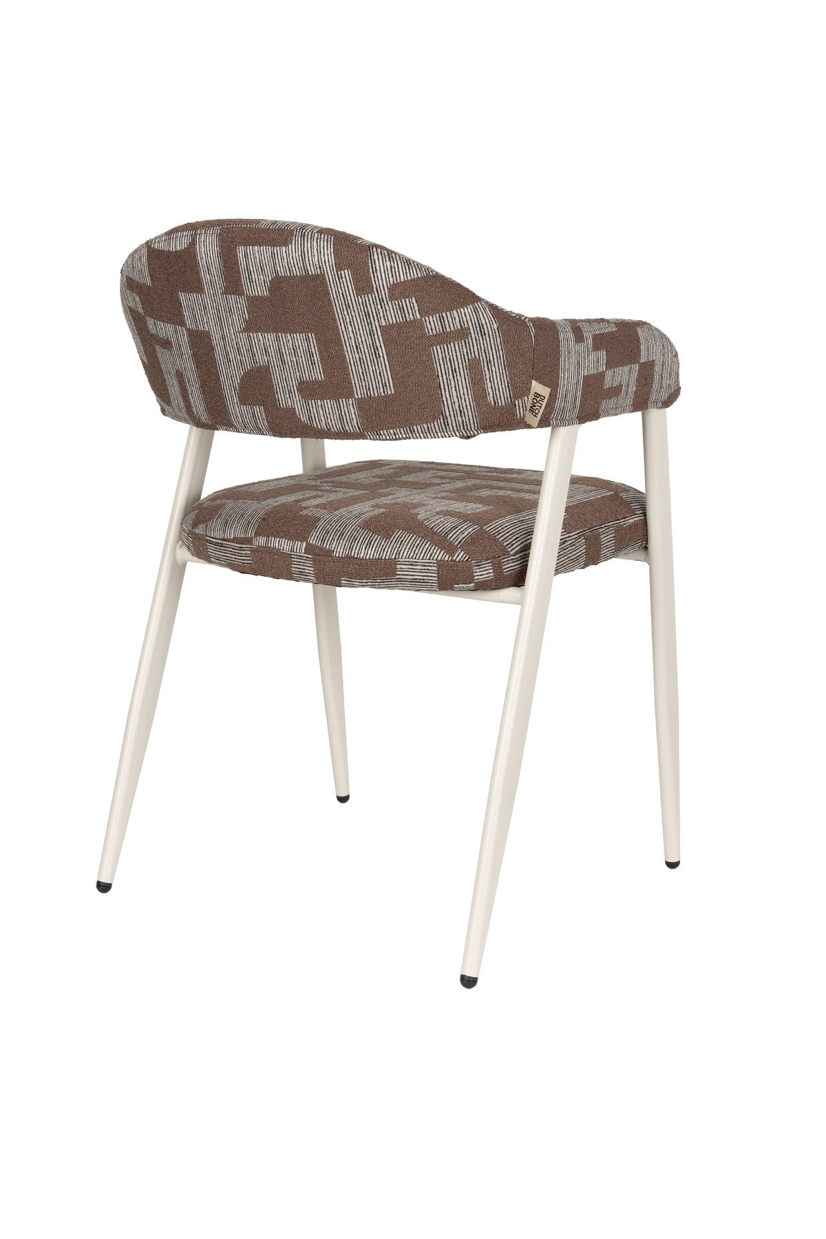 Beige Esszimmerstuhl Chair Miyo von Dutchbone mit gewebtem Bezug, gepolsterter Sitzfläche und schwarzem Metallgestell aus Sperrholz und Stahl.