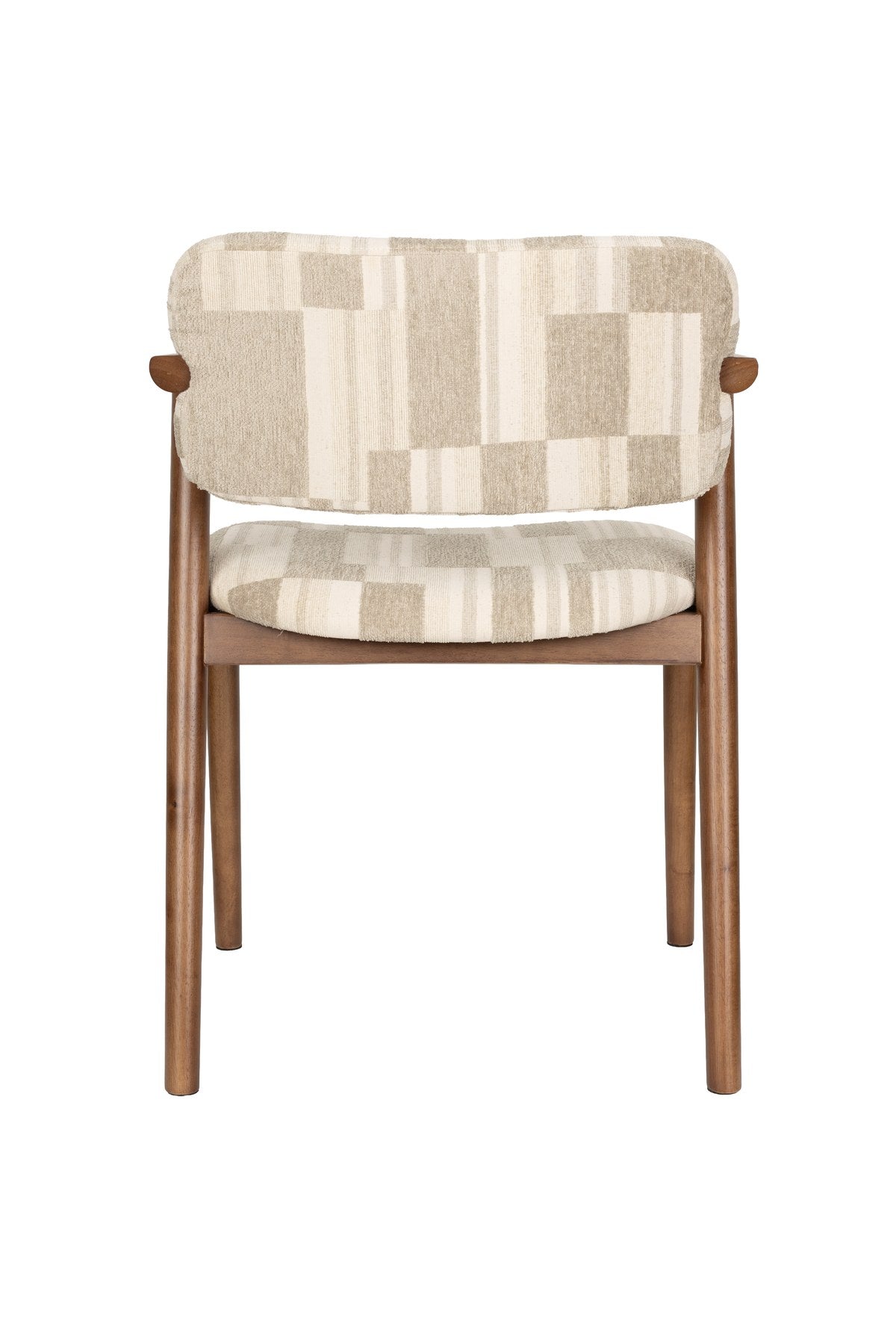 Beiger Esszimmerstuhl Chair Sara von Dutchbone mit gepolsterter Sitzfläche, grafischem Retro-Druck und Gestell in Braun, Ansicht von vorne.