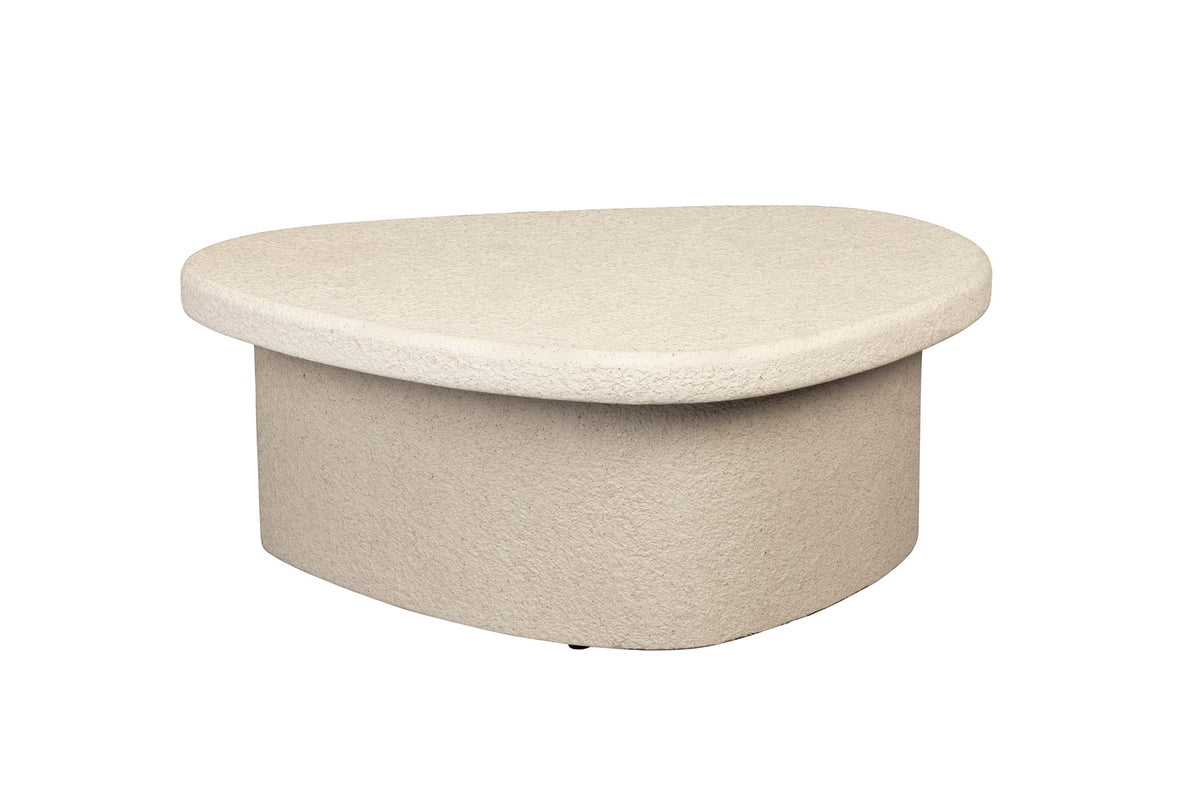 Beiger Couchtisch Coffee Table Veda aus recyceltem Marmor mit weisser Basis und organischer Form