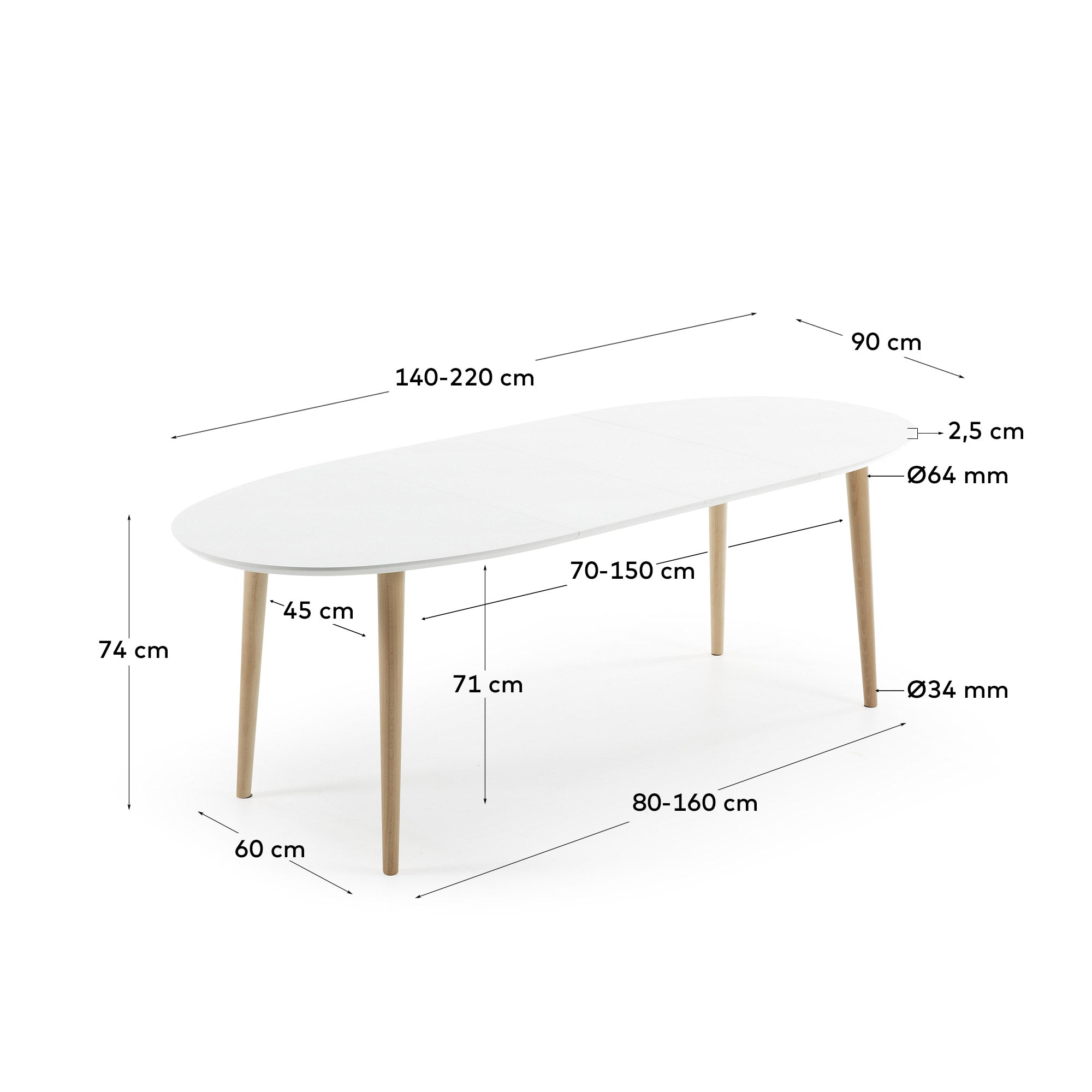 Eleganter Oqui Ausziehtisch mit ovaler MDF-Tischplatte in Weiß und massiven Buchenholzbeinen, 140-220 x 90 cm.