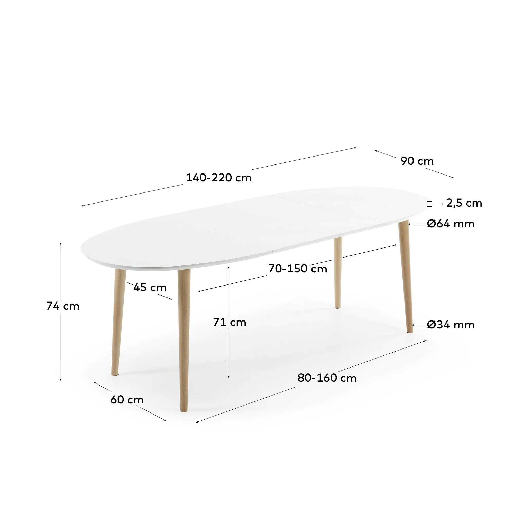 Moderner Oqui Ausziehtisch mit weißer ovaler MDF-Platte und stabilen Buchenholzbeinen, ausziehbar von 140 auf 220 cm.