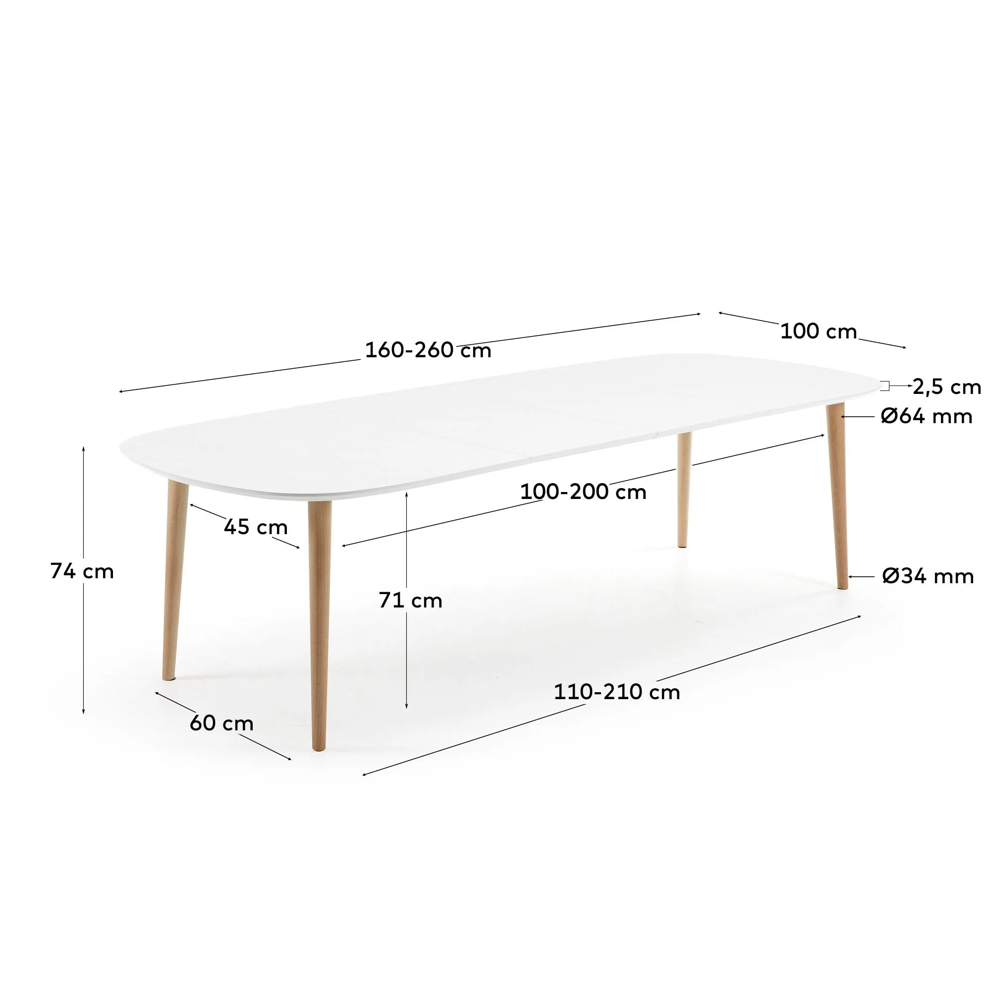 Eleganter Oqui Ausziehtisch mit weißer MDF-Tischplatte und stabilen Buchenholzbeinen, ausziehbar von 160 auf 260 cm.