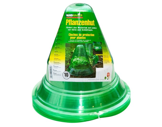 Transparenter und grüner WINDHAGER Pflanzenhut mit rundem Deckel, Durchmesser 24 cm, aufgestellt über einer Pflanze im Garten.