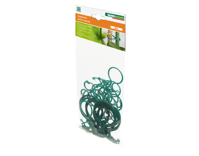 Grüne Kunststoff-Ringbinder von WINDHAGER, 25 Stück, flach und rund geformt, liegen nebeneinander auf einer Fläche, Grösse ca. 6x9 cm.