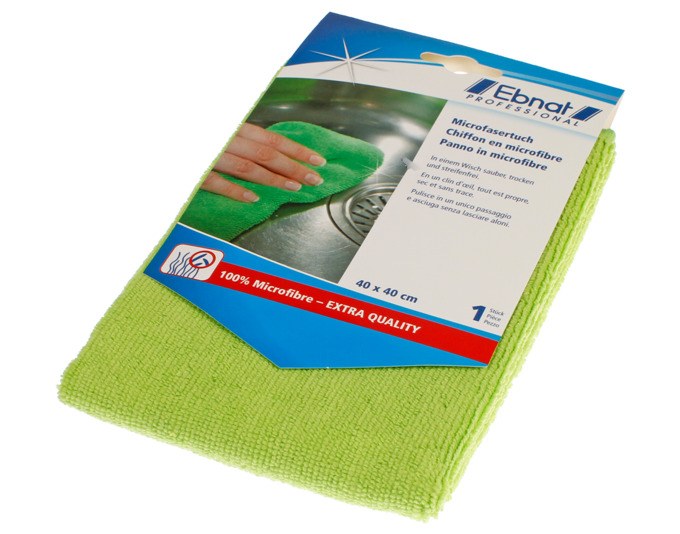 Grünes EBNAT Microfasertuch 40x40 cm mit strukturierter, quadratischer Oberfläche, flach ausgebreitet auf hellem Untergrund.