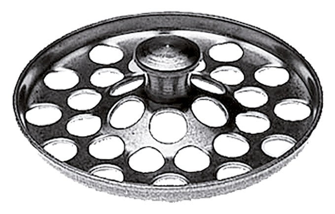 Silbernes DIAQUA Abflusssieb mit Knopf aus Inox, rundes Design, Durchmesser 45 mm, für Wasch- oder Spülbecken montiert.