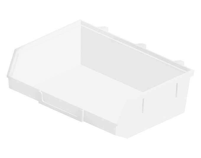 Weisse Kunststoff-Lagersichtbox von ELEMENT SYSTEM mit den Massen 9x9x4 cm, offen fotografiert zur Aufbewahrung kleiner Teile wie Schrauben und Nägel.