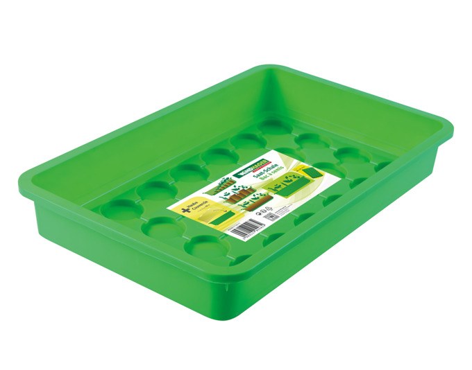 Grüne Kunststoff-Saat-Schale von WINDHAGER mit Belüftungshaube und runden Vertiefungen im Boden, Masse 38x24x6 cm.