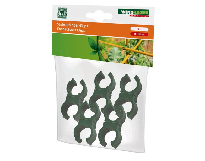 Fünf grüne WINDHAGER Stabverbinder-Clips aus Hartkunststoff mit 16 mm Durchmesser, zweiteiligem Aufbau und 360°-Drehgelenk für Gartenstäbe.