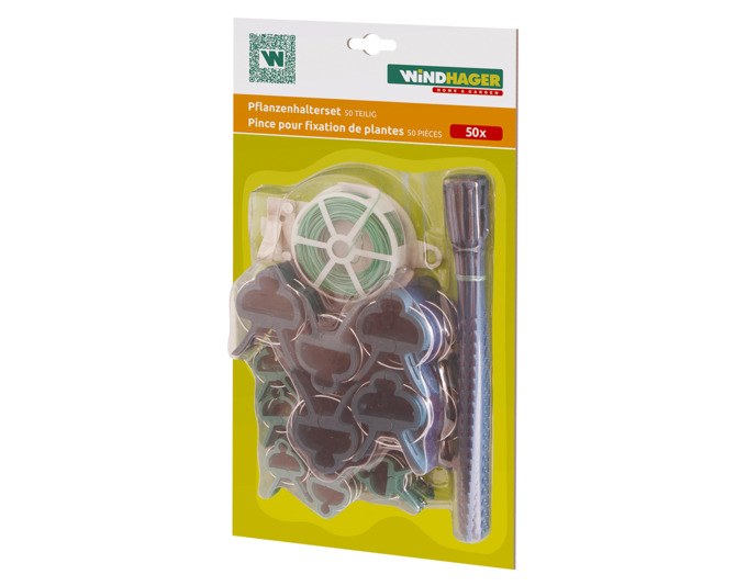 Grünes 50-teiliges Pflanzenhalterset von WINDHAGER mit Bindedraht, grossen und kleinen Pflanzclips sowie Universalbindern auf weissem Hintergrund.