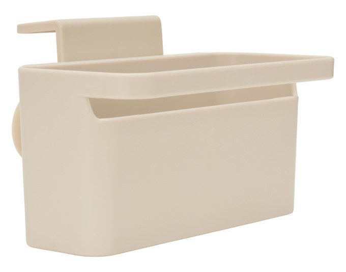 Hängender Spüleinsatz SinkSide von BRABANTIA in soft beige und weiss, montiert im Spülbecken mit Ablage für Schwamm und Lappen.