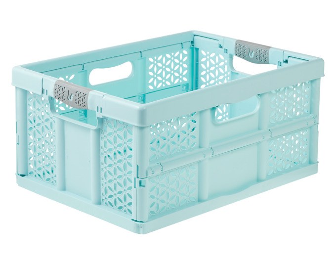 Türkis-blaue Klappbox von KEEEPER mit Softgriffen und Stahlstiften, faltbar, rechteckige Form, 32 Liter Fassungsvermögen, aus Kunststoff gefertigt