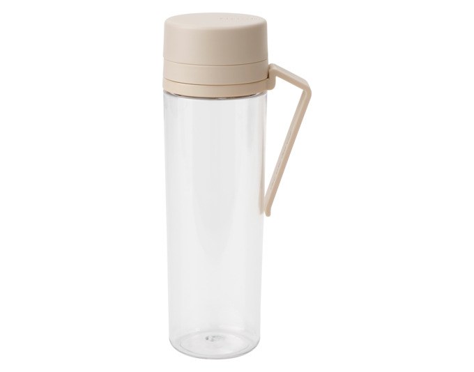 Transparente BRABANTIA Trinkflasche in Soft Beige mit weissem Deckel, integriertem Fruchtsieb und Gürtelclip, Fassungsvermögen 0.5 Liter.