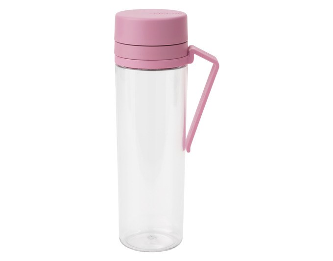 Transparente Kunststoff-Trinkflasche BRABANTIA Make & Take in Lilac Pink, 0.5 Liter, mit Fruchtsieb, Schraubkappe und Gürtelclip.