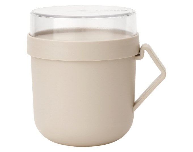 Beige Suppentasse aus Kunststoff mit Henkel, Deckel und separatem Topping-Behälter, BRABANTIA Make & Take Serie, 0.6 l Fassungsvermögen.