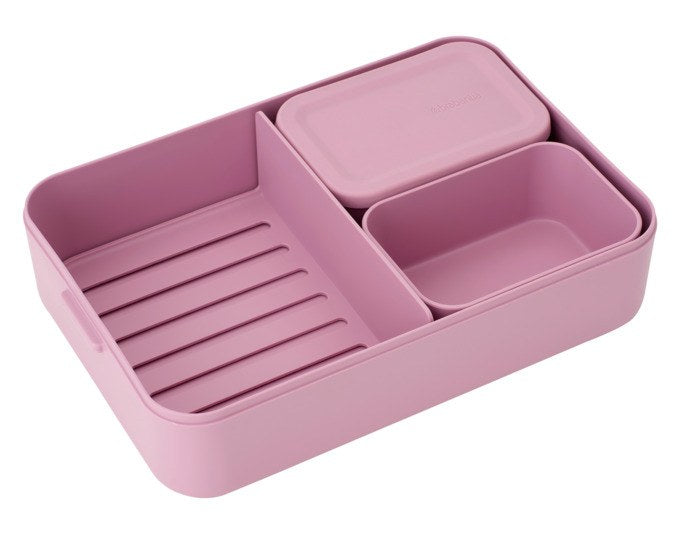 Lilac pink Lunchbox Bento Make & Take von BRABANTIA aus Kunststoff mit zwei Fächern, Trennwand und Klippverschluss-Deckel, Ansicht von oben.