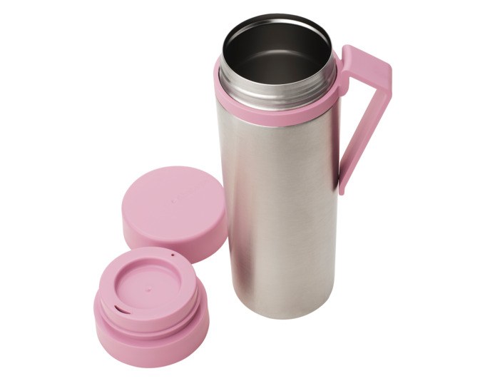 Produktfoto einer Isolierflasche aus Edelstahl in Lilac Pink mit Gürtelclip, Trinköffnung und grosser Einfüllöffnung von BRABANTIA.