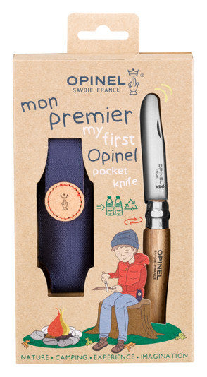 OPINEL Messer Nr. 7 Etui Box Junior Mein erstes Opinel 8 cm in Silber, Natur, Braun, Blau präsentiert im Onlineshop von KAQTU Design AG. Küchenmesser ist von OPINEL