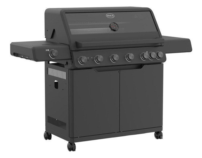 RÖSLE Gasgrill Allflame Hero 6 in Schwarz mit sechs Brennern, Seitentisch, Glaseinsatz im Deckel und emailliertem Gusseisen-Grillrost.