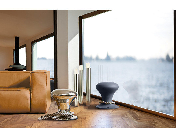 PHILIPPI Hocker Hamburger Aluminium poliert mit Hanftau ø 38x42 cm silber in Chrom, Silber präsentiert im Onlineshop von KAQTU Design AG. Hocker ist von PHILIPPI