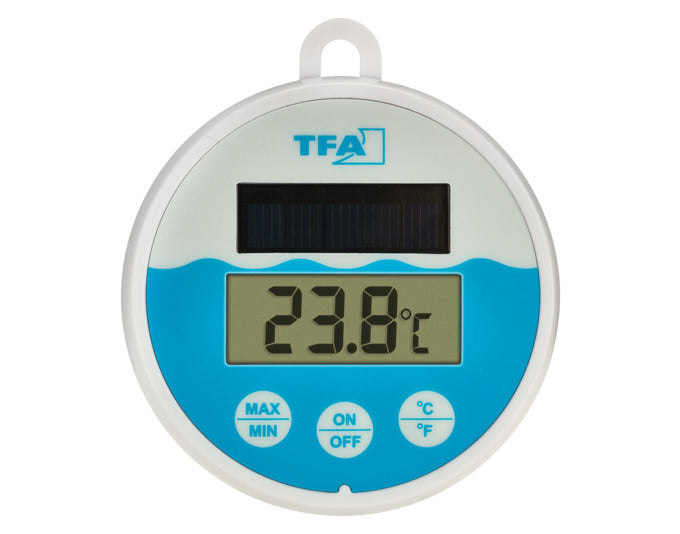 Digitales Solar-Poolthermometer in elegantem Weiß von TFA, ideal zur Temperaturüberwachung Ihres Pools im Garten.