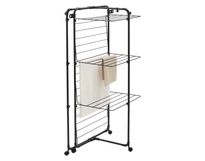 Eleganter BRABANTIA Wäschetrockner HangOn Turm in mattem Schwarz, bietet 23 m Trockenfläche für effizientes Wäschetrocknen.