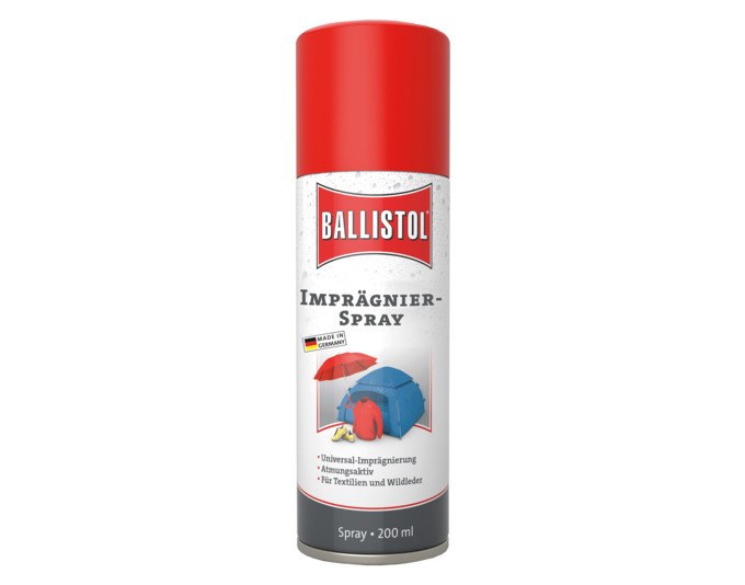 Rote Sprühdose BALLISTOL Imprägnierspray 200 ml mit Herstelleretikett, geeignet zur Behandlung von Textilien und Leder.