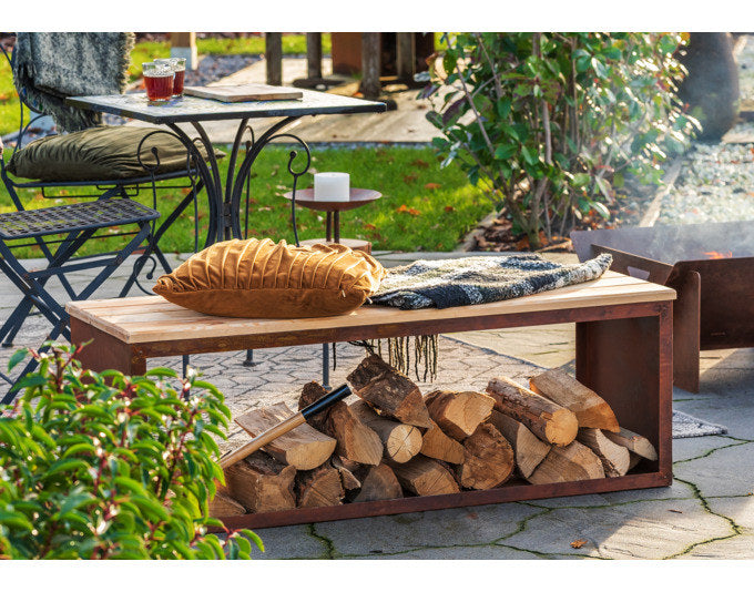 REDFIRE Holz-Aufbewahrungsbank Tyr 120 cm in Rostbraun, Braun präsentiert im Onlineshop von KAQTU Design AG. Feuerschale ist von REDFIRE