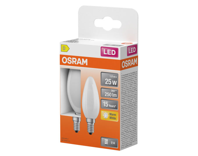 OSRAM LED Retrofit Classic B E14 Lampe mit 1.8W und 250lm, frosted, warmweißes Licht für gemütliche Beleuchtung.