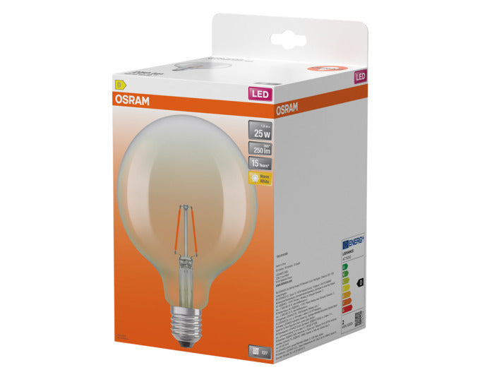 OSRAM LED-Retrofit-Lampe im klassischen Globe-Design, E27-Fassung, 1.8W, 250lm, warmweißes Licht für gemütliche Atmosphäre.