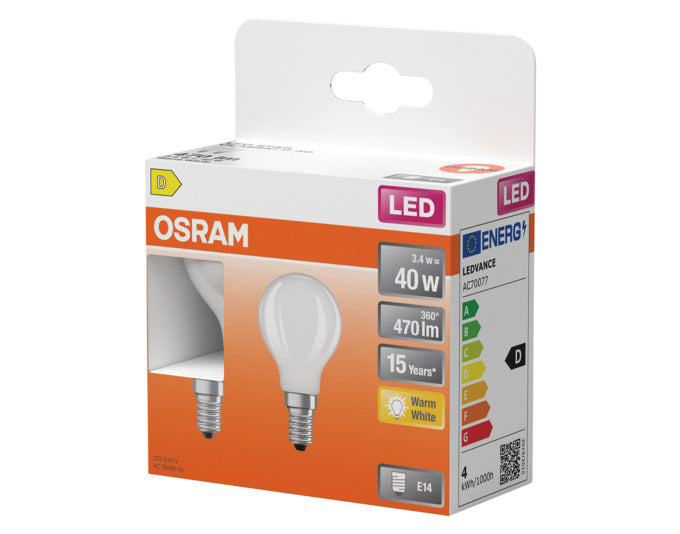 OSRAM LED Retrofit-Lampe E14, 3.4W, 470lm, mattiert, warmweißes Licht für gemütliche Beleuchtung in jedem Raum.