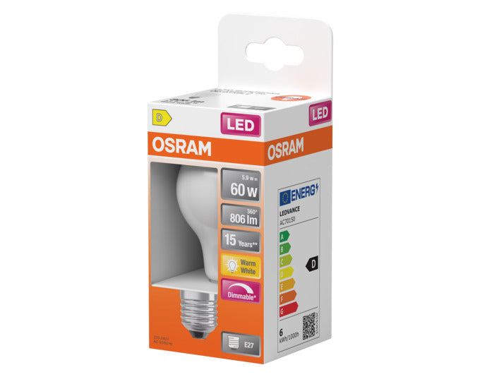 OSRAM LED Retrofit-Lampe Star Classic A E27, 5.9W, 806lm, dimmbar, matt, warmweiß, ideal für gemütliche Beleuchtung in jedem Raum.