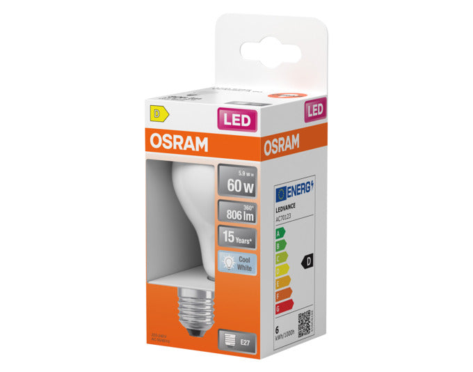 OSRAM LED Retrofit-Lampe Star Classic A E27, 5.9W, 806lm, matt, kühles Weiß, energieeffiziente Beleuchtung für jeden Raum.