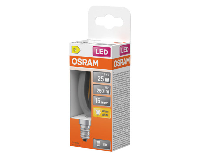 OSRAM LED Retrofit-Lampe Star Classic B E14, 1.8W, 250lm, klare Glühbirne in warmweißem Licht für gemütliche Beleuchtung.