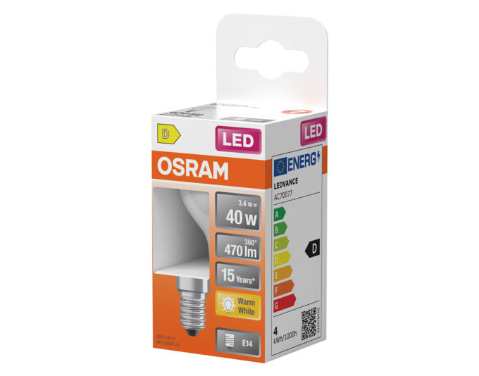 OSRAM LED Retrofit-Lampe E14, 3.4W, 470lm, mattierte Oberfläche, warmweißes Licht für gemütliche Beleuchtung in jedem Raum.