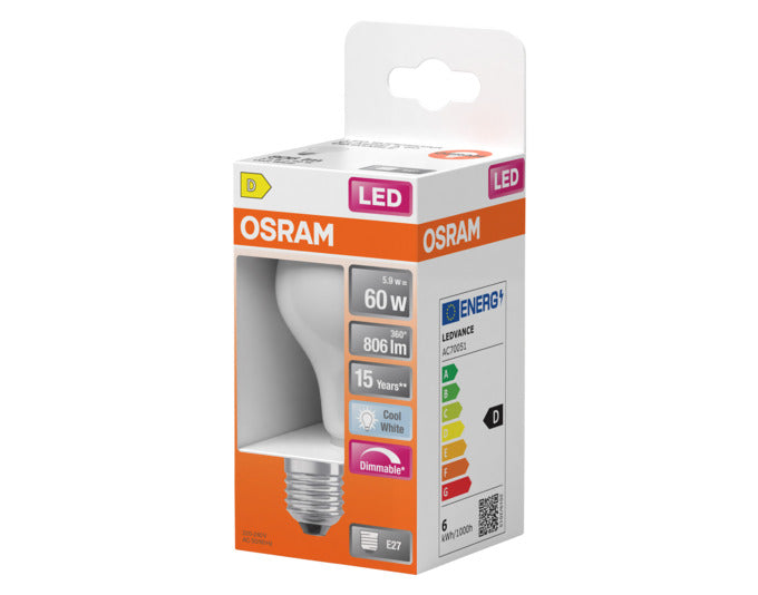 OSRAM LED-Lampe Retrofit Superstar Classic A E27 5.9W 806lm frosted Cool White in  präsentiert im Onlineshop von KAQTU Design AG. Leuchtmittel ist von OSRAM