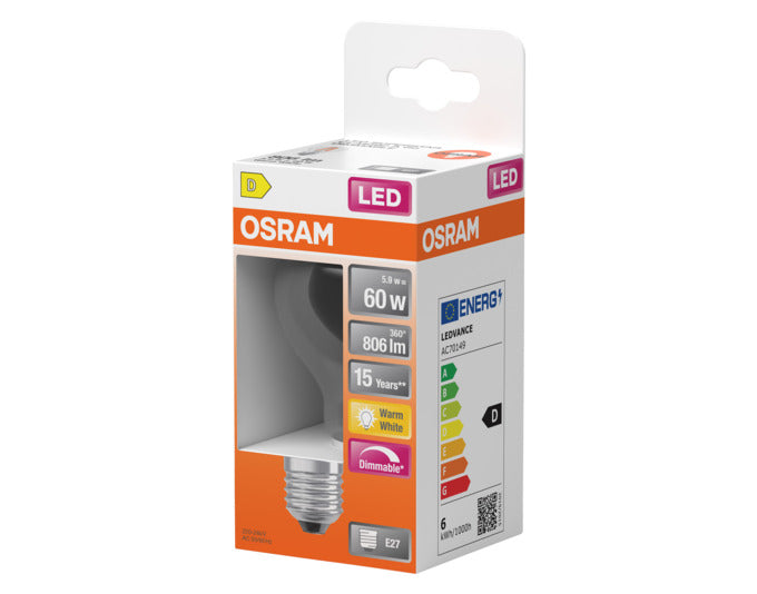 OSRAM LED Retrofit-Lampe Superstar Classic A E27, 5.9W, 806lm, dimmbar, klares Design, warmweißes Licht für gemütliche Atmosphäre.