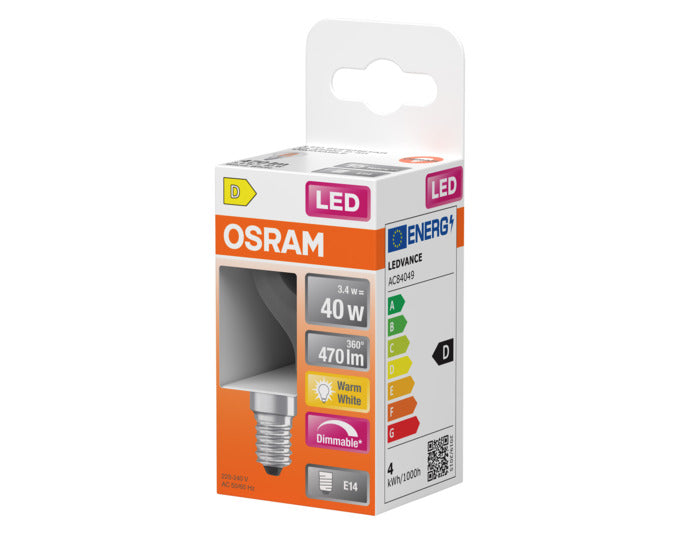 OSRAM LED Retrofit-Lampe E14, 3.4W, 470lm, dimmbar, klare Oberfläche, warmweißes Licht, ideal für stimmungsvolle Beleuchtung.
