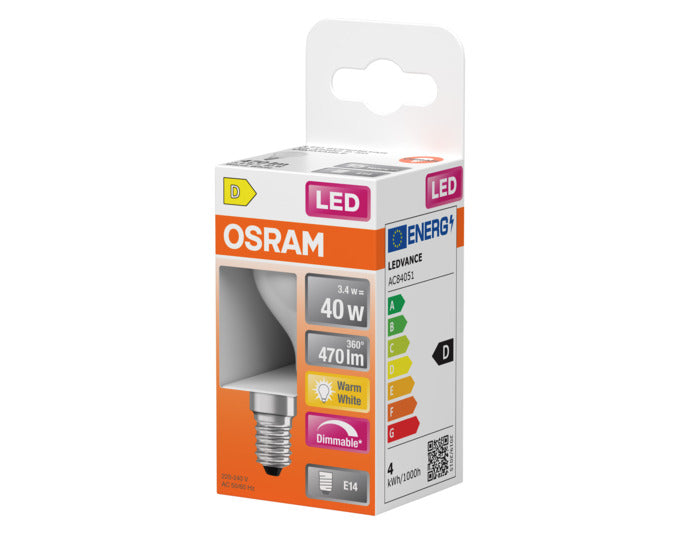 OSRAM LED-Lampe Retrofit Superstar Classic P E14 3.4W 470lm dimmable frosted Warm White in  präsentiert im Onlineshop von KAQTU Design AG. Leuchtmittel ist von OSRAM