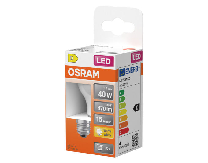 OSRAM LED Retrofit-Lampe E27, 3.4W, 470lm, matt, warmweiß – energieeffiziente Beleuchtung für ein gemütliches Ambiente.