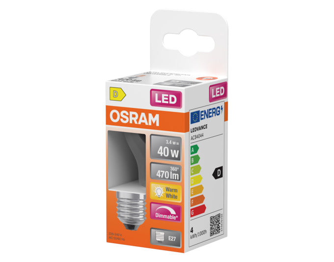 OSRAM LED Retrofit-Lampe E27, 3.4W, 470lm, dimmbar, klare Oberfläche, warmweißes Licht für gemütliche Atmosphäre.