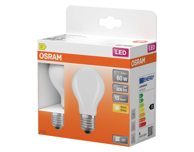OSRAM LED-Lampe Star Classic A E27 mit 5.9W und 806lm, frosted, warmweißes Licht für gemütliche Atmosphäre, ideal für Wohnräume.