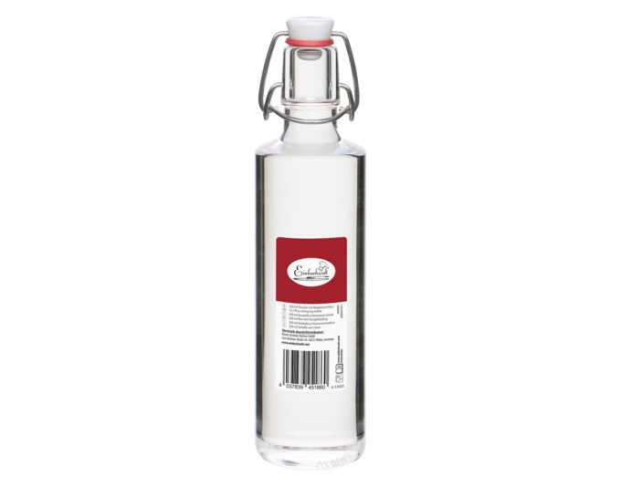 Transparente runde Bügelflasche aus Glas mit rostfreiem Edelstahlbügel und weissem Porzellankopf, Fassungsvermögen 350 ml.